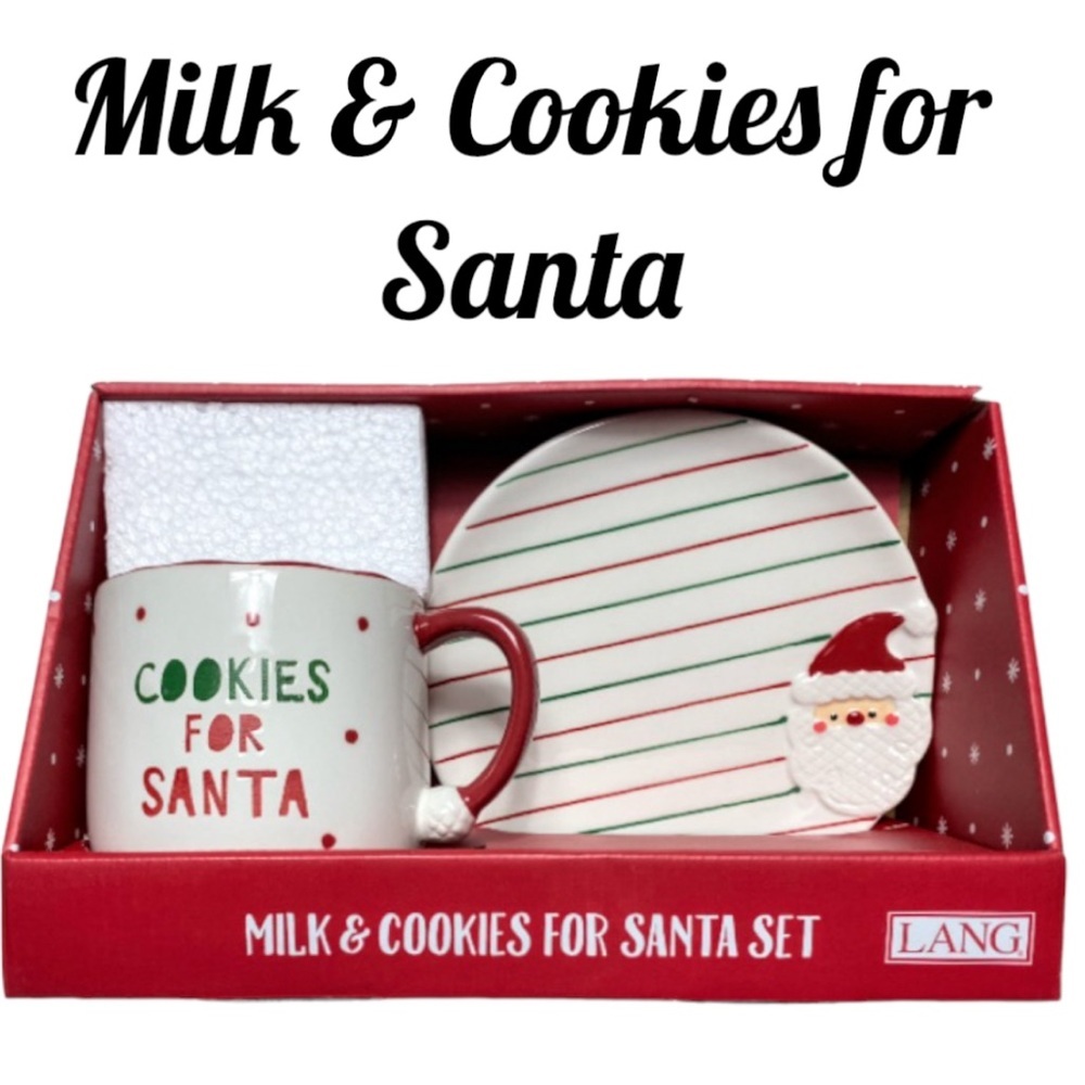 NIB Lang Hand-Painted Milk & Cookies for Santa Plate & Mug Boxed Set